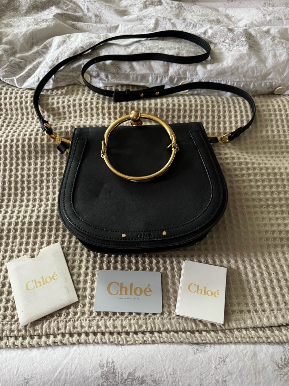 Medium Chloé Black Leather Crossbody with Signature Gold Ring